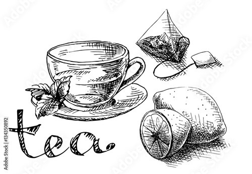 Cup of tea and mint and tea bag in graphic style, hand-drawn vector illustration.