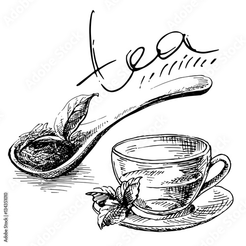 wooden spoon with tea leaves and cup of tea in graphic style, hand-drawn vector illustration.