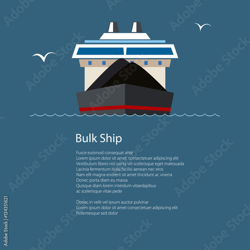 Front View of the Dry Cargo Ship at Sea and Text, Industrial Marine Vessel is Transporting Coal and Ore, International Freight Transportation, Poster Brochure Flyer Design, Vector Illustration