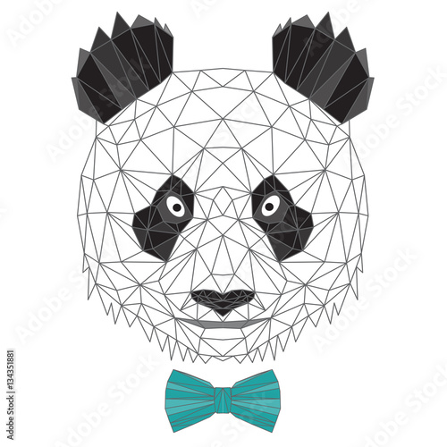 Panda con papillon blu, la testa di panda geometrico, design di linee nere, poligoni