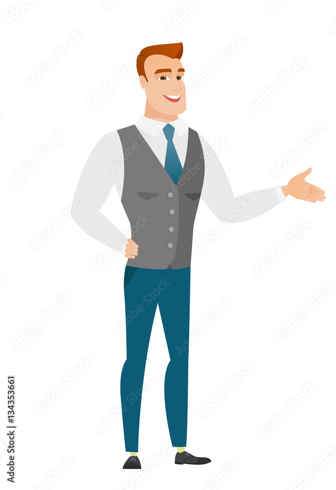 Business man with arm out in a welcoming gesture.