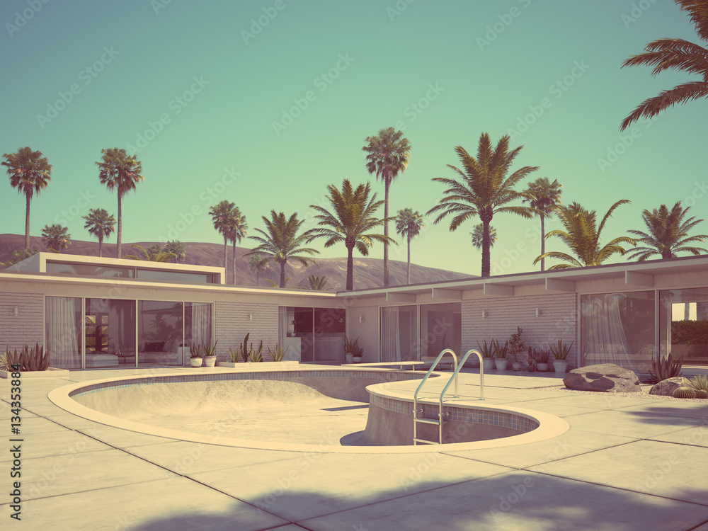 Obraz premium View of swimming pool and modern home exterior. 3d rendering