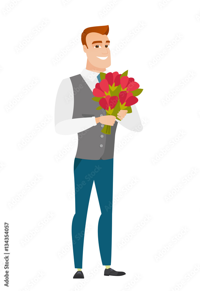 Caucasian businessman holding a bouquet of flowers Caucasian businessman holding a bouquet of flowers