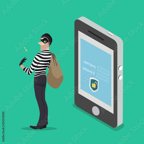 Thief with a key access from a smartphone. The robber steals all the data from your phone