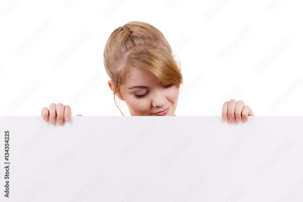 Woman with blank presentation board banner sign Woman with blank presentation board banner sign