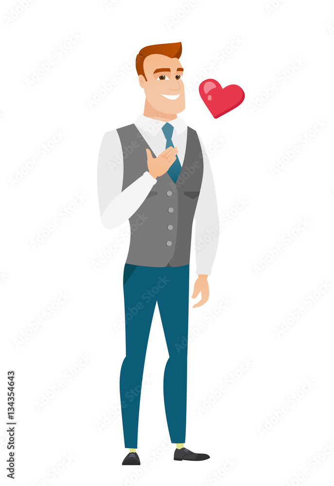 Caucasian business man holding hand on his chest. Caucasian business man holding hand on his chest.