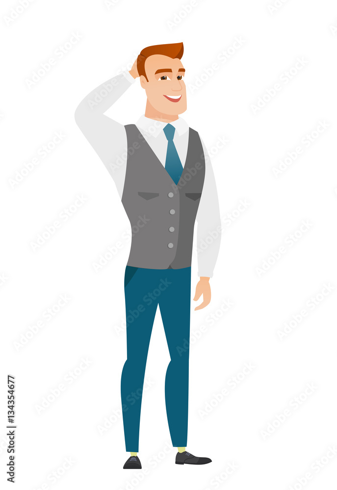 Caucasian businessman holding hand behind head. Caucasian businessman holding hand behind head.
