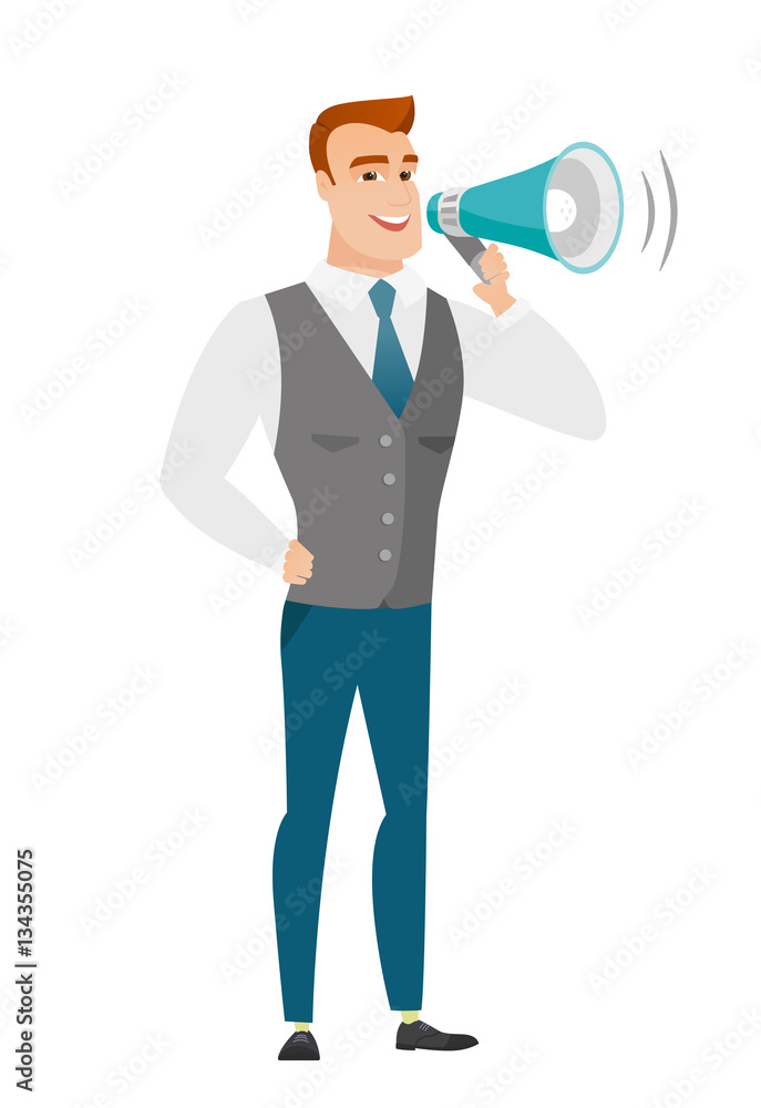 Caucasian businessman talking into loudspeaker. Caucasian businessman talking into loudspeaker.