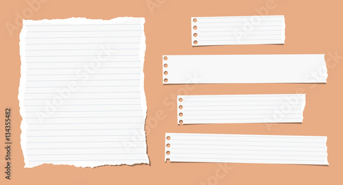 Pieces of ripped different size white note, notebook, copybook paper sheets, strips stuck on squared orange background