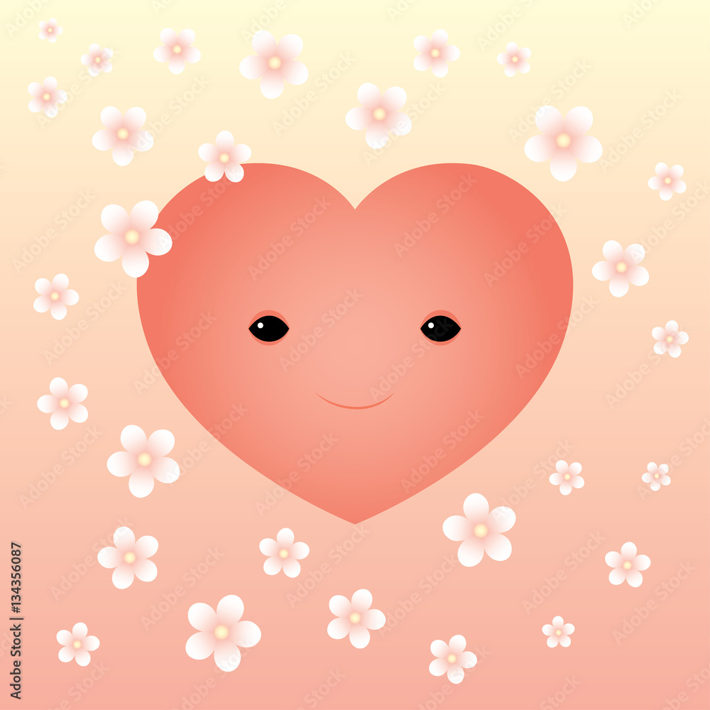 Vector illustration of a smiling heart and falling pink cherry flowers. Pastel colors. Square format.