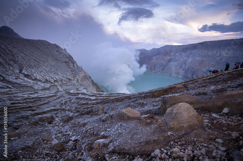 Mount Kawah Ijen volcano during sunrise in East Java, Indonesia.