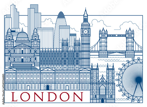 Postcard with London attractions. Handmade vector drawing