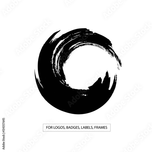 Hand drawn grunge circle shape. Label, logo design element, frame. Brush abstract wave. Vector illustration.