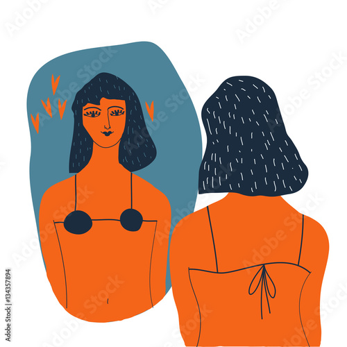Narcissistic woman character looks in the mirror. Redhead woman 
 in lingerie looks in the mirror. Vector illustration. Narcissism concept. 