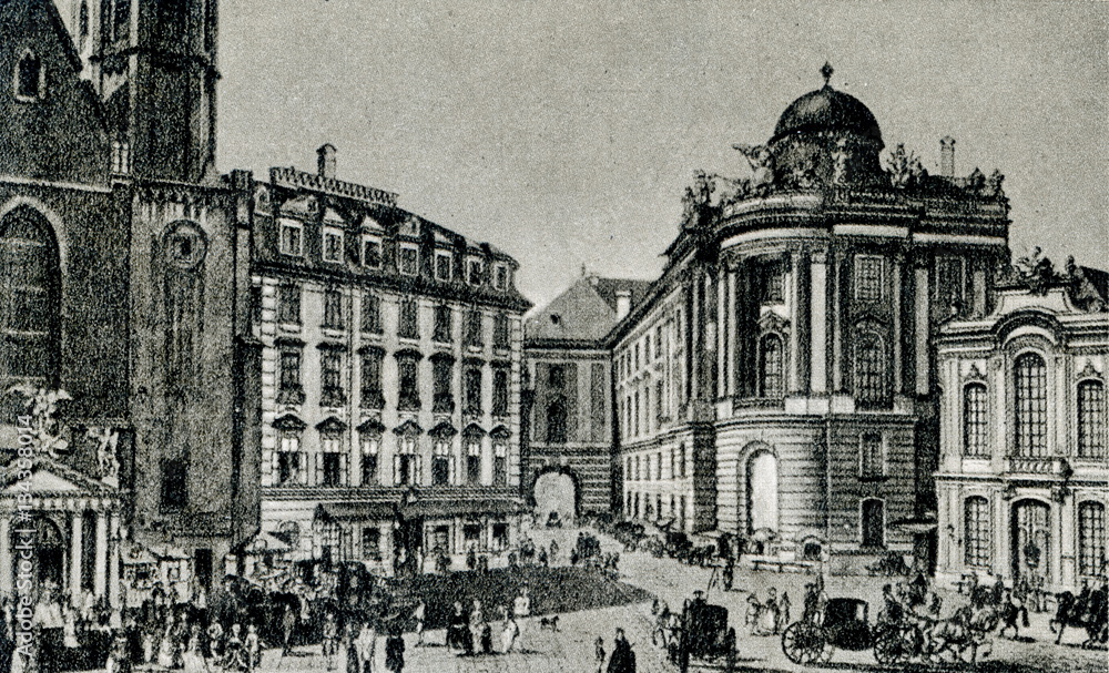 St. Michael's Square (Michaelerplatz) with  Winter Riding School and old Burgtheater rightmost (Vienna, Austria)