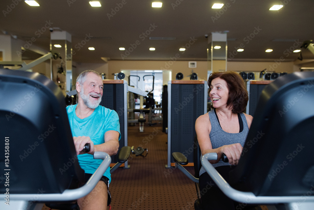 Beautiful fit senior couple in gym doing cardio work out. Beautiful fit senior couple in gym doing cardio work out.