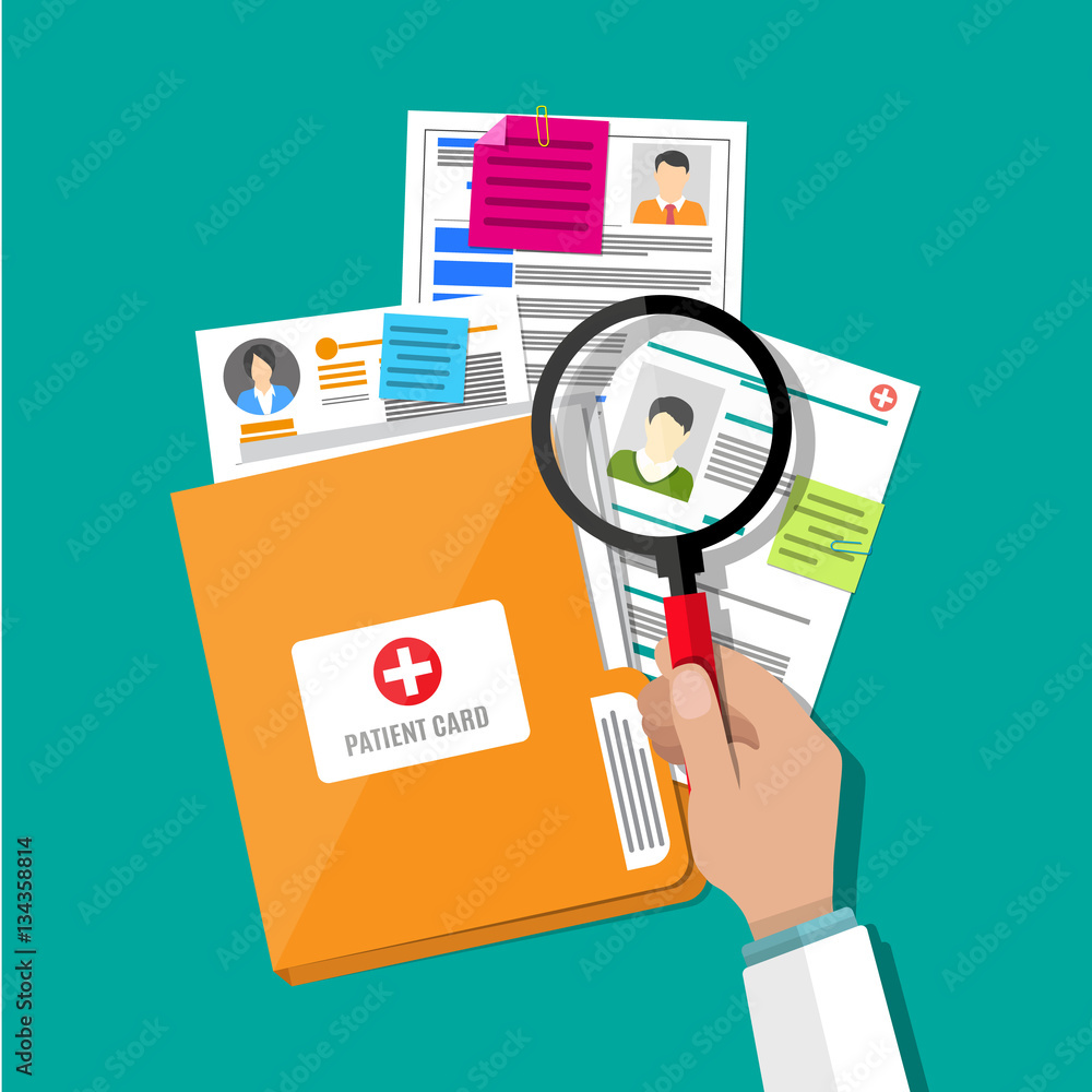 Folder and patient card, hand magnifying glass Folder and patient card, hand magnifying glass
