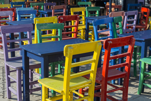 Colored wooden chairs in Kas, Antalya