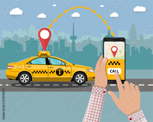 Yellow taxi cab. Hands, smartphone, application