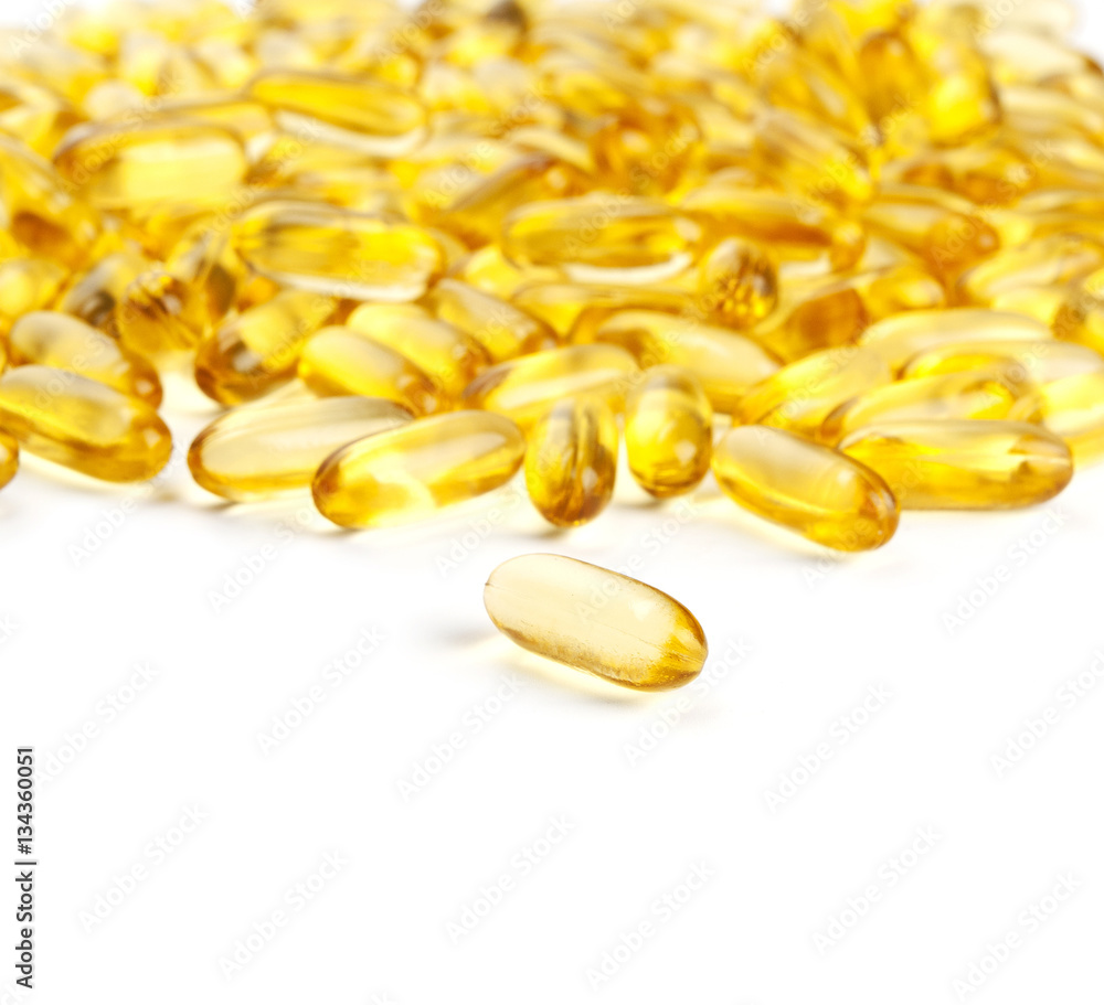 Yellow Vitamin Oil Capsules Macro Closeup Isolated Yellow Vitamin Oil Capsules Macro Closeup Isolated