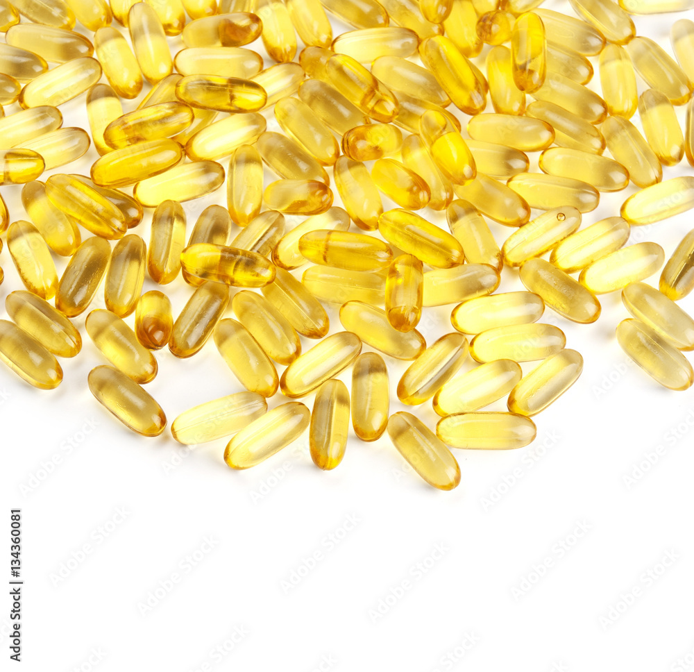 Yellow Vitamin Oil Capsules Macro Closeup Isolated Yellow Vitamin Oil Capsules Macro Closeup Isolated