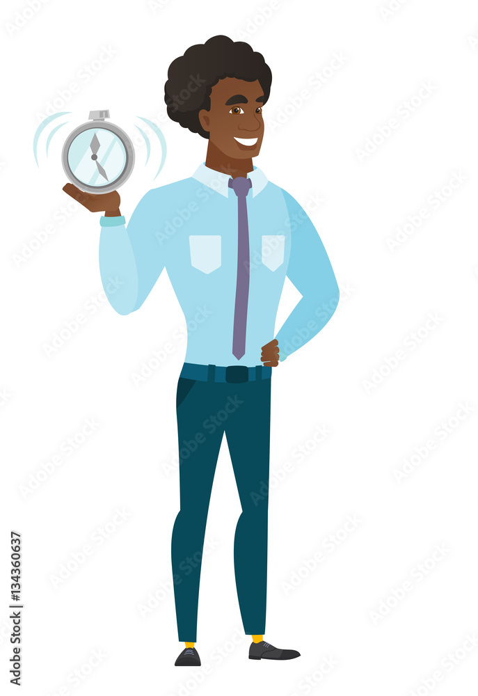 Caucasian business man holding alarm clock. Caucasian business man holding alarm clock.