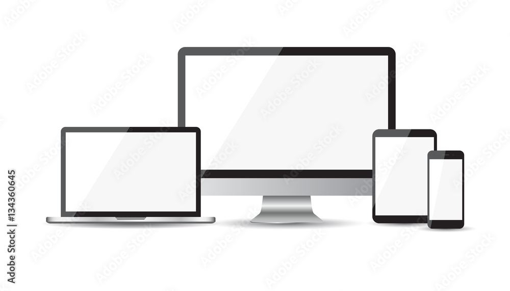 Realistic device flat Icons: smartphone, tablet, laptop and desktop computer. Vector illustration on white background Realistic device flat Icons: smartphone, tablet, laptop and desktop computer. Vector illustration on white background