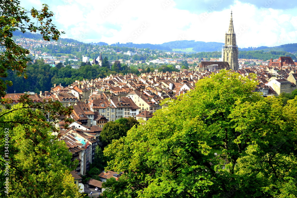 Traditional Architecture Swiss Houses with its cathedral from park on City of Bern, Switzerland