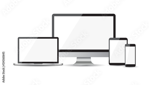 Realistic device flat Icons: smartphone, tablet, laptop and desktop computer. Vector illustration on white background