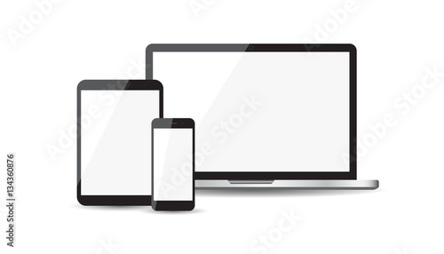 Realistic device flat Icons: smartphone, tablet, laptop. Vector illustration on white background