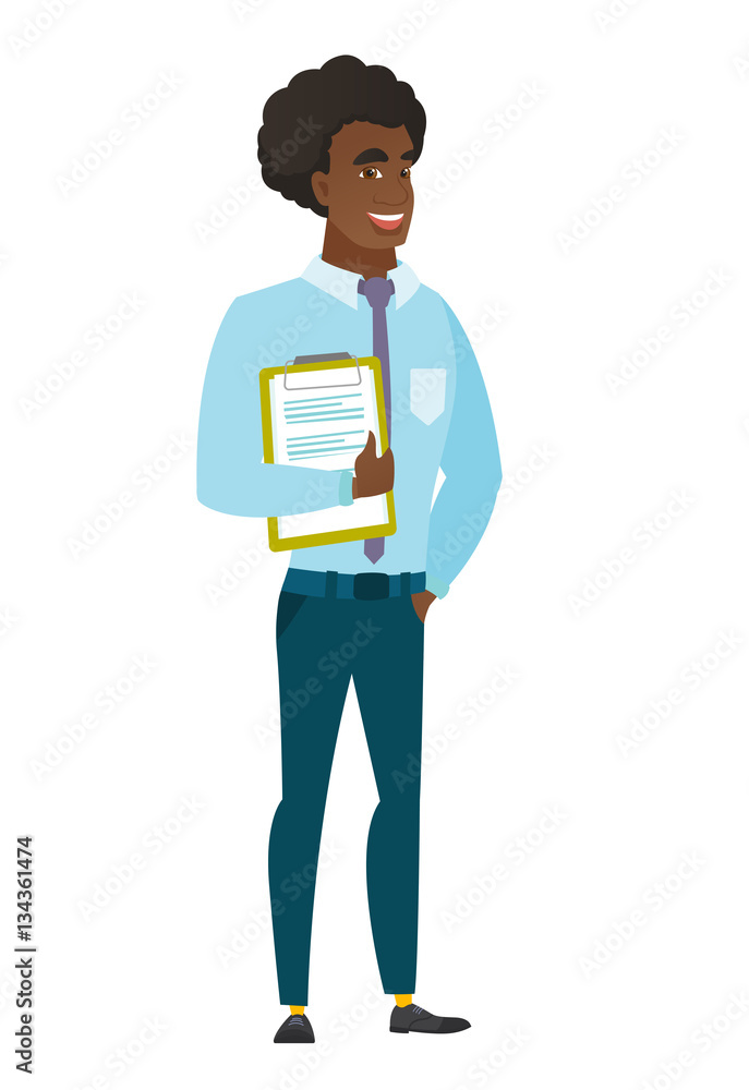 Businessman holding clipboard with papers. Businessman holding clipboard with papers.