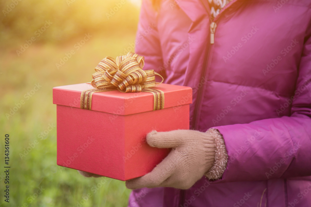 Happy young woman with gift in hands. Christmas and winter conce Happy young woman with gift in hands. Christmas and winter conce