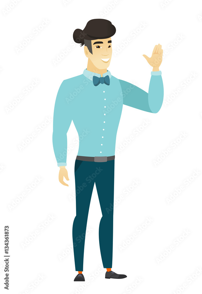 Young asian businessman waving his hand.