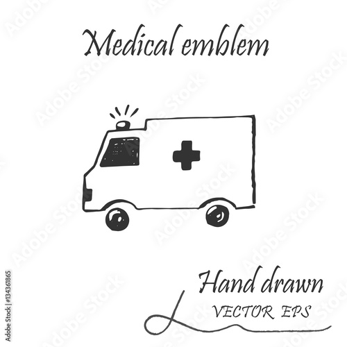 Ambulance car icon. This emblem is drawn with a pencil.