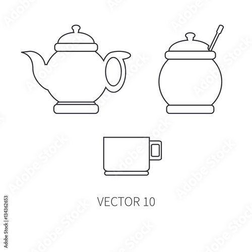 Line flat vector kitchenware icons - teapot, sugar-bowl, cup. Cutlery tools. Cartoon style. Illustration and element for your design. Equipment for food preparation. Kitchen. Household. Cooking. Cook.