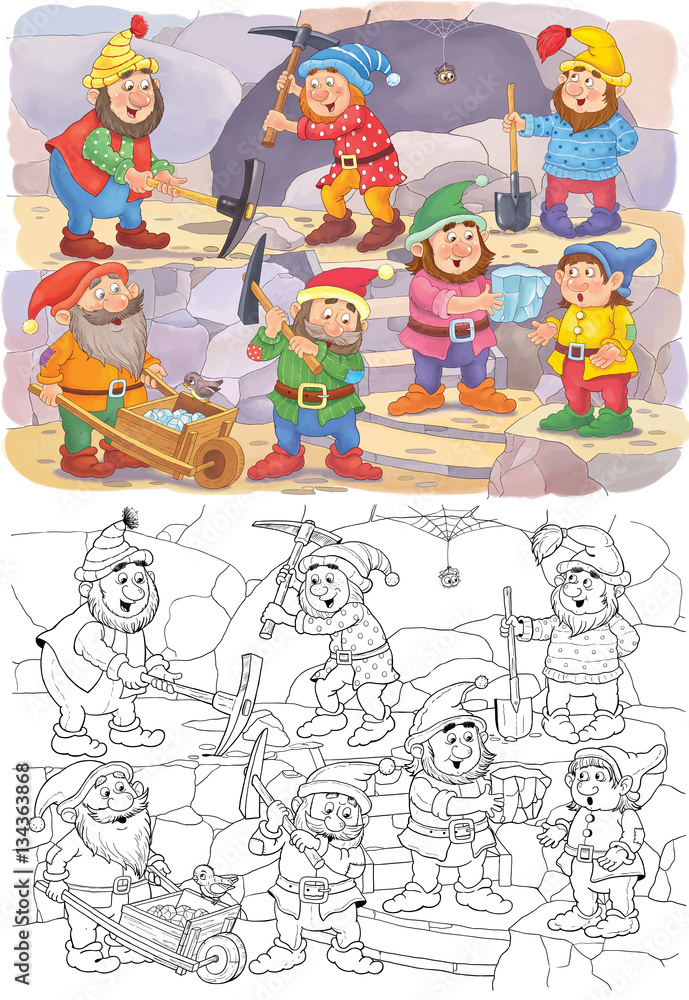 Snow White and the seven dwarfs. Fairy tale. Coloring page. Illustration for children Snow White and the seven dwarfs. Fairy tale. Coloring page. Illustration for children