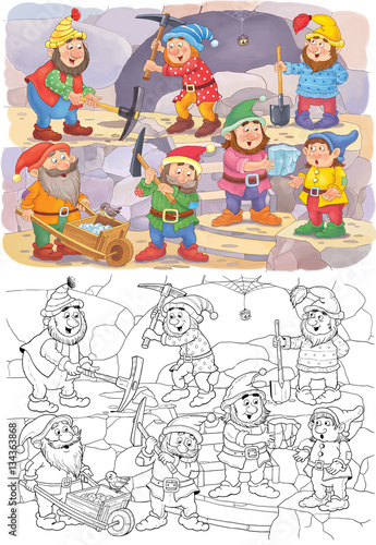 Snow White and the seven dwarfs. Fairy tale. Coloring page. Illustration for children 