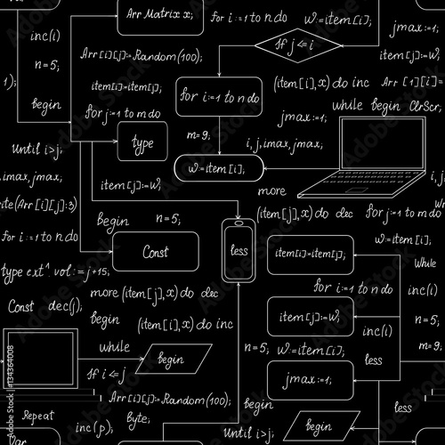 Technical vector seamless pattern with hand drawn technical devices, handwritten formulas, schemes, programming code, program flow diagrams