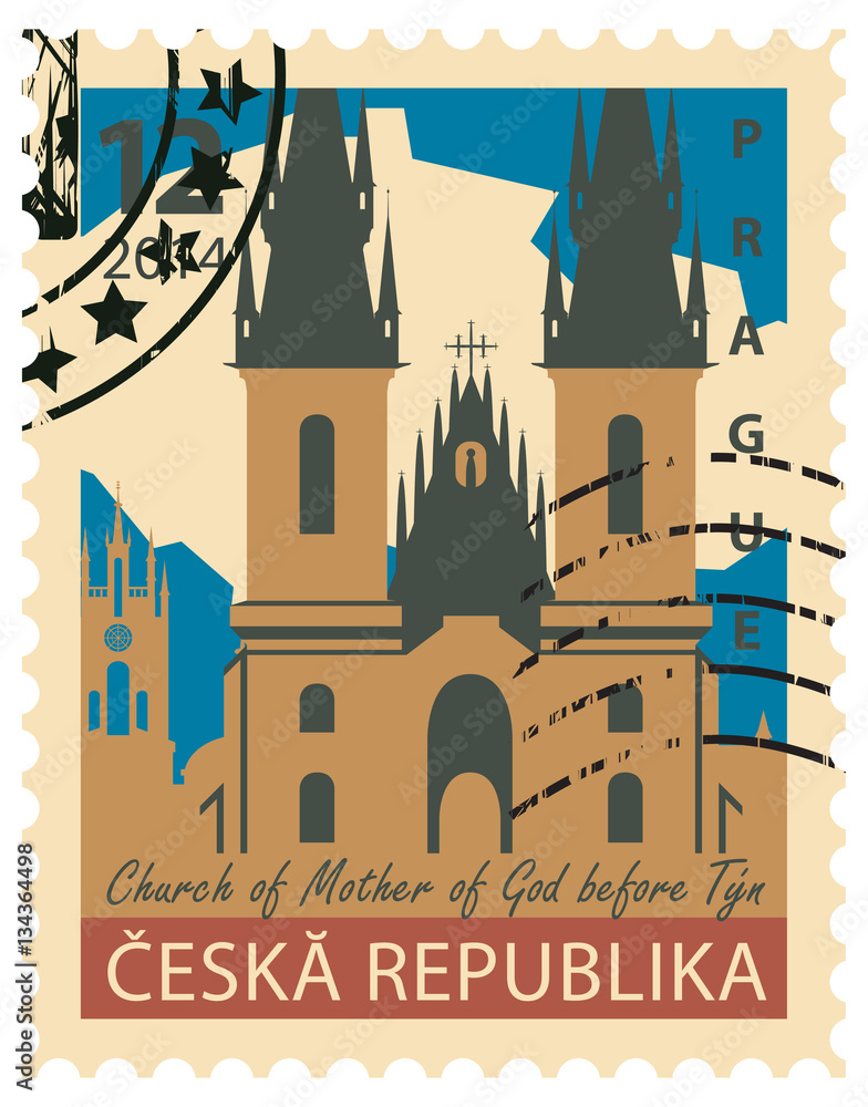 Fototapeta premium stamp with the image of the Church of Mother of God before Tyn in Prague, Czech Republic