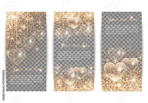 A set of vertical banners to celebrate Valentine's Day. Bling background with brilliant light. Glitter gold on a transparent backdrop.
