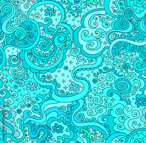 Beautiful blue colorful vector seamless pattern with figured curling multicolored lines, aquamarine colors