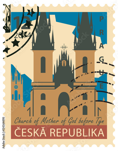 stamp with the image of the Church of Mother of God before Tyn in Prague, Czech Republic
