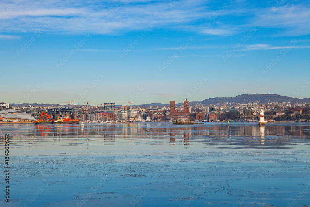 Oslo city waterfront, sunny winter day