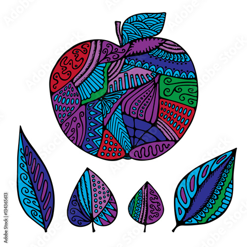 stock vector abstract isolated apple and leaf. hand draw pattern