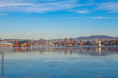 Oslo city waterfront, sunny winter day