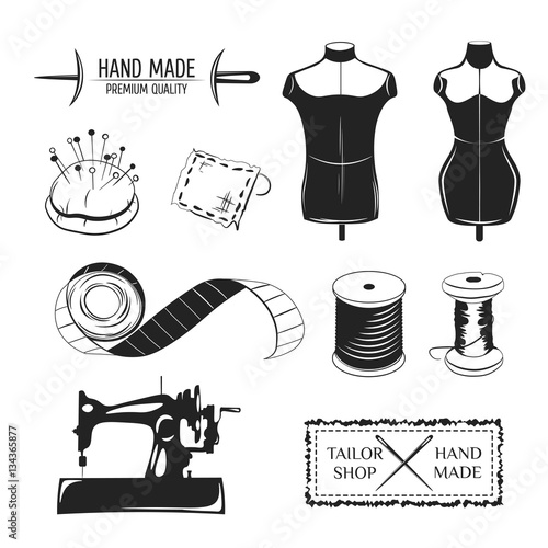 Set of vintage tailor labels, emblems and designed elements. Tailor shop theme