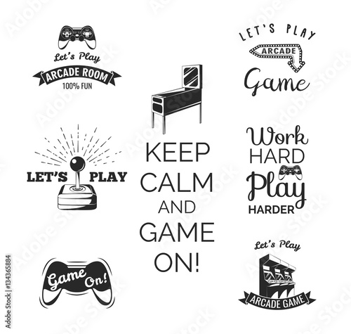 Vector video games labels set. Arcade game room. Let s play videogame. Gum machine. gumball.