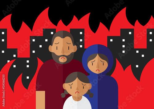 Family of refugees standing in the middle of burning city