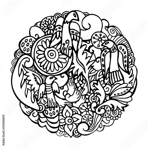 stock vector abstract hand draw bird. flower and wave, doodle pa