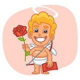 Cupid Holding Valentine Card and Large Rose